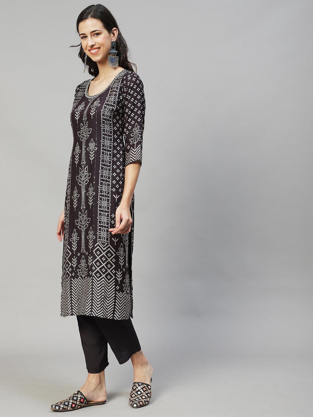 Ethnic Printed & Hand Embroidered Kurta with Pants & Dupatta - Mulberry - Indiakreations