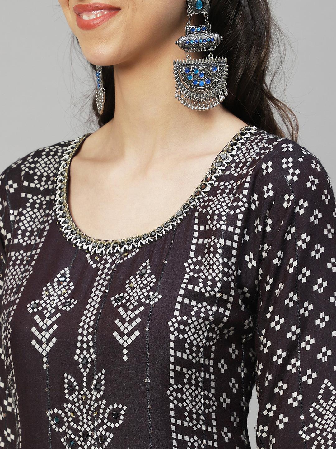 Ethnic Printed & Hand Embroidered Kurta with Pants & Dupatta - Mulberry - Indiakreations