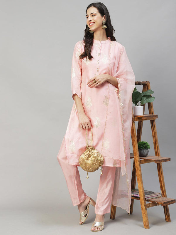 Ethnic Woven & Hand Embroidered Straight Kurta with Pants & Dupatta - Light Pink - Indiakreations