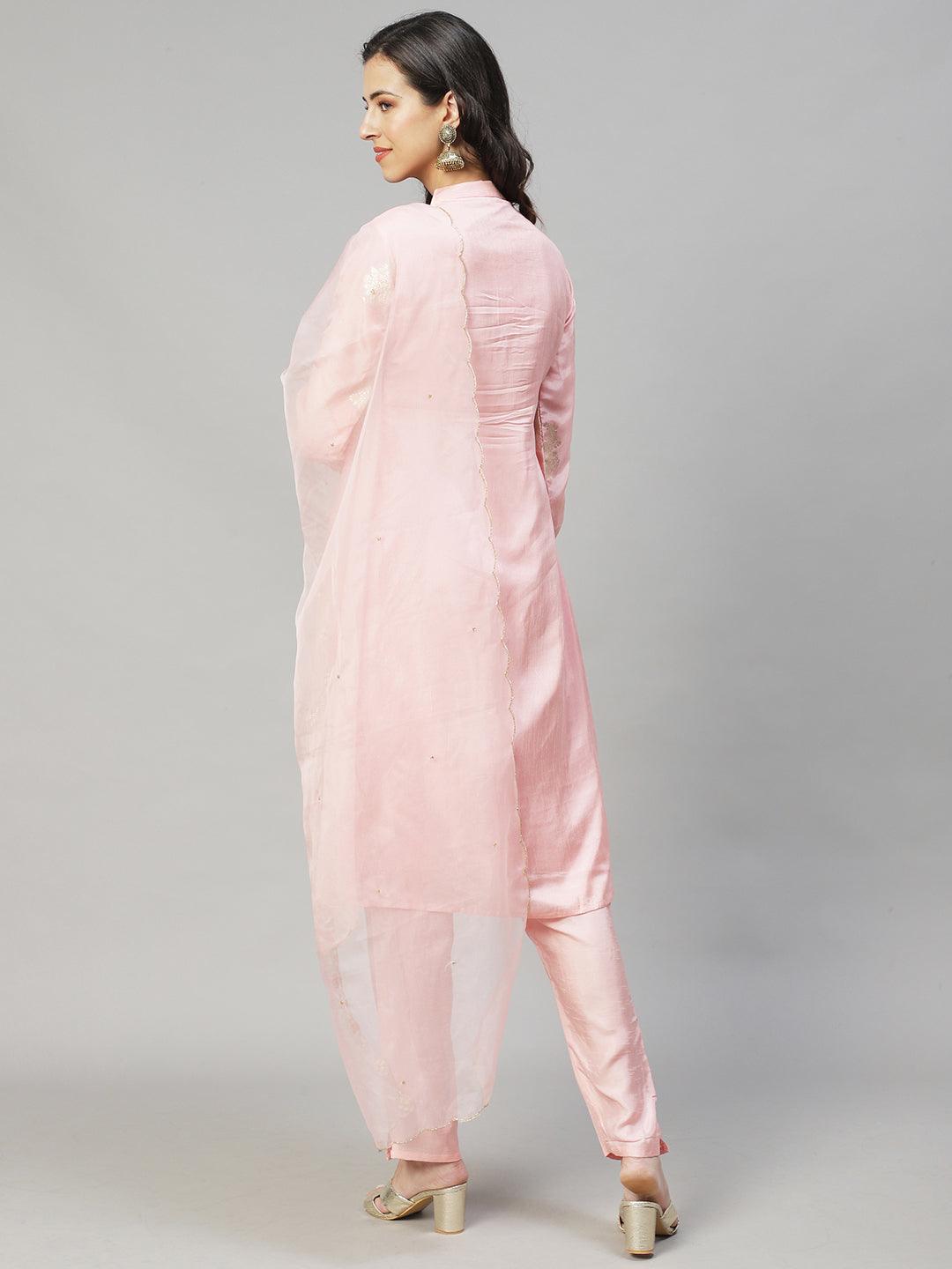 Ethnic Woven & Hand Embroidered Straight Kurta with Pants & Dupatta - Light Pink - Indiakreations