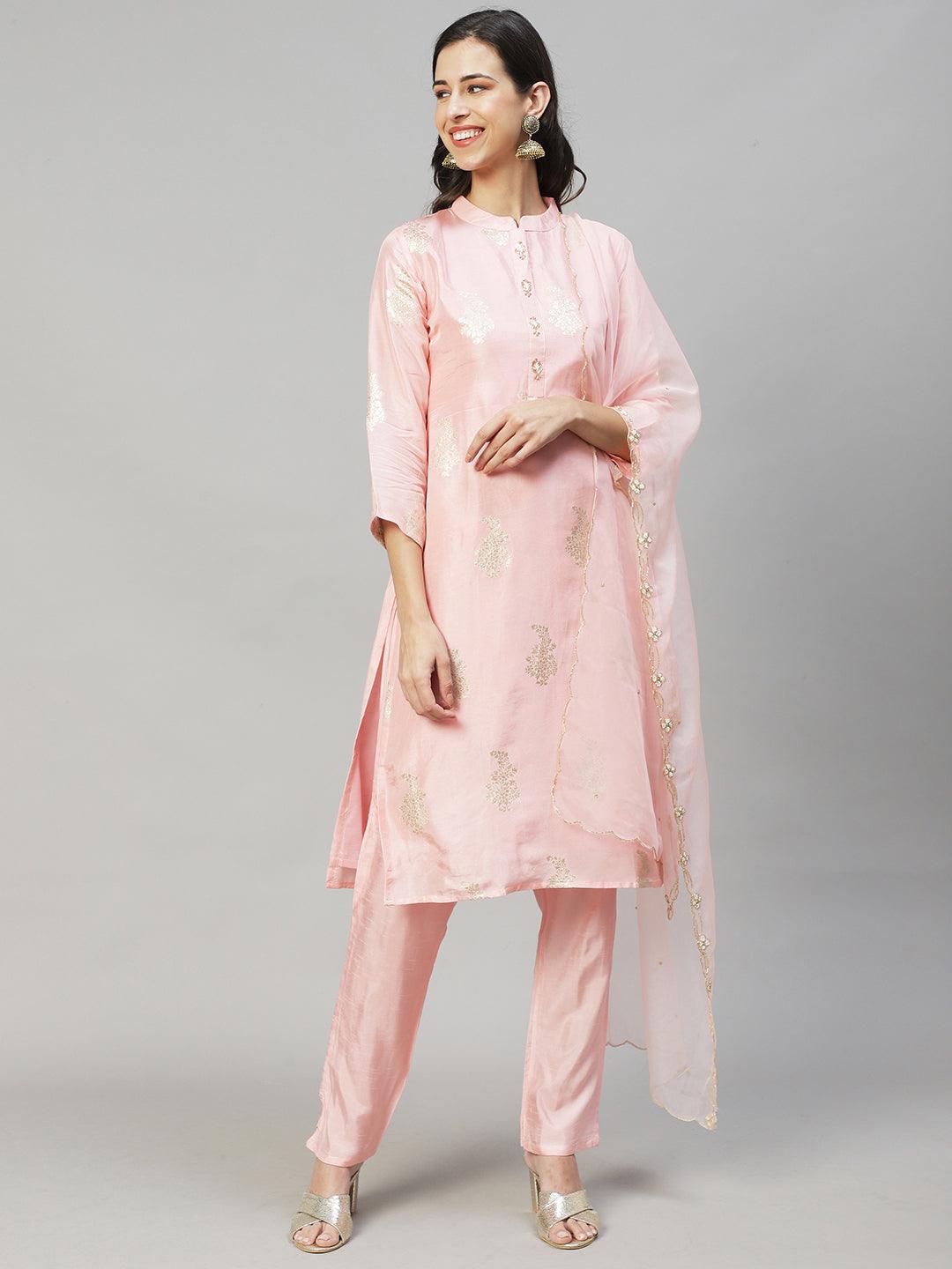 Ethnic Woven & Hand Embroidered Straight Kurta with Pants & Dupatta - Light Pink - Indiakreations