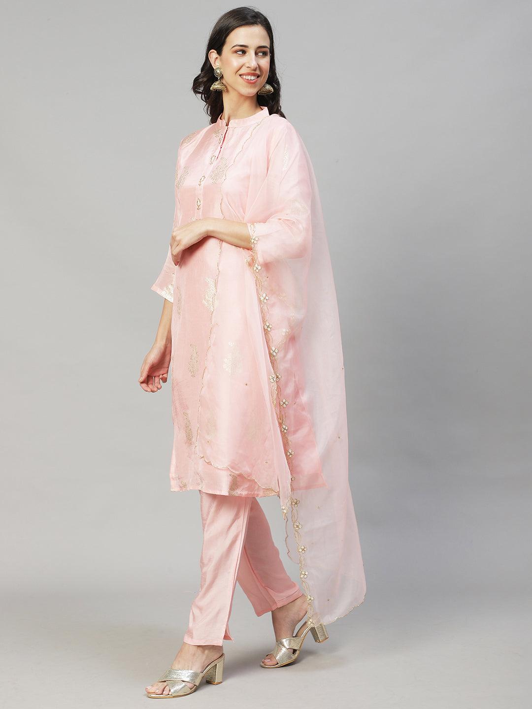 Ethnic Woven & Hand Embroidered Straight Kurta with Pants & Dupatta - Light Pink - Indiakreations