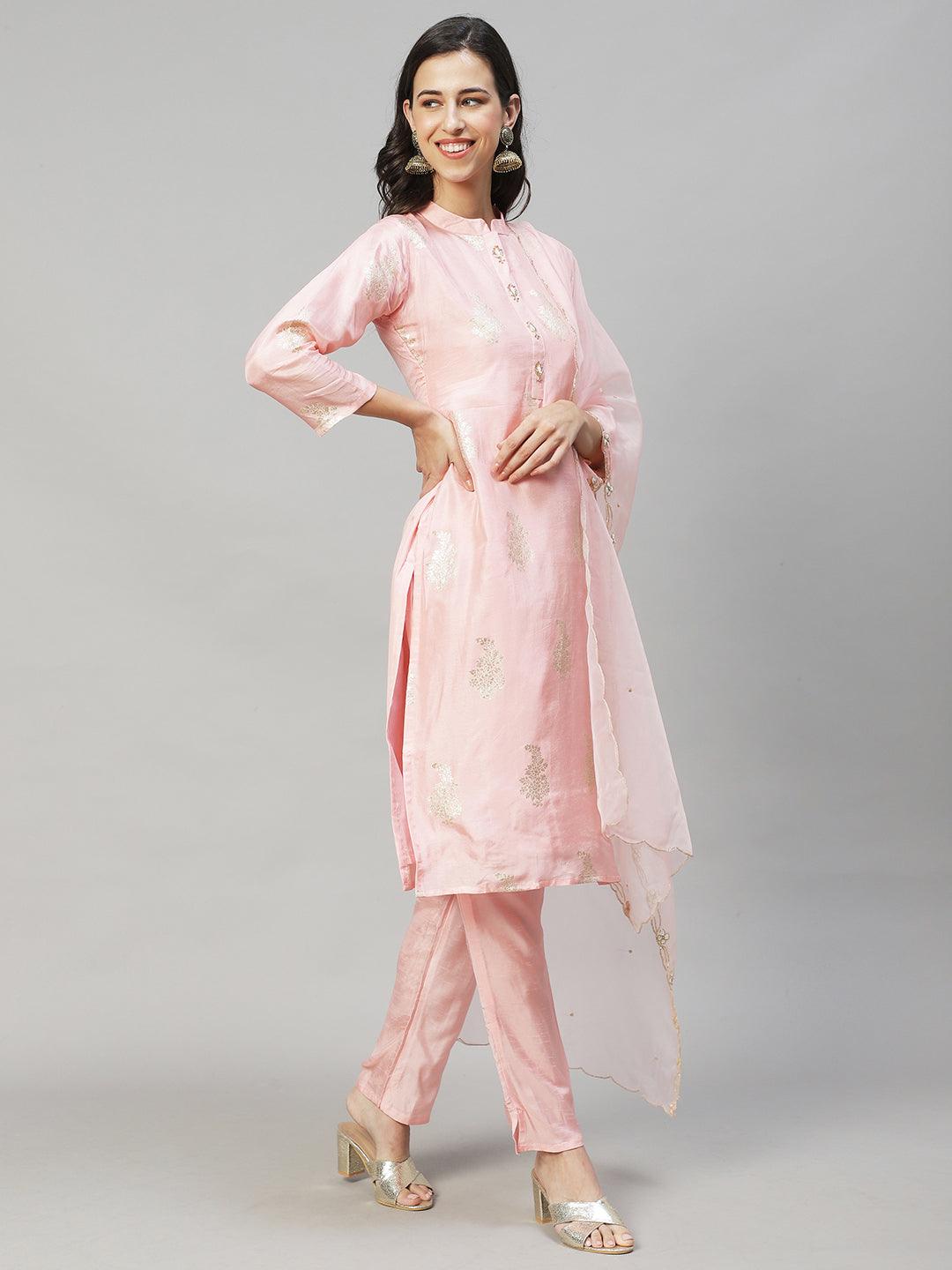 Ethnic Woven & Hand Embroidered Straight Kurta with Pants & Dupatta - Light Pink - Indiakreations