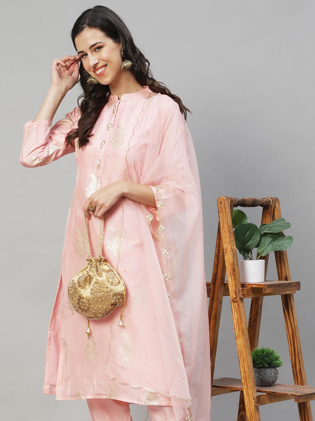 Ethnic Woven & Hand Embroidered Straight Kurta with Pants & Dupatta - Light Pink - Indiakreations