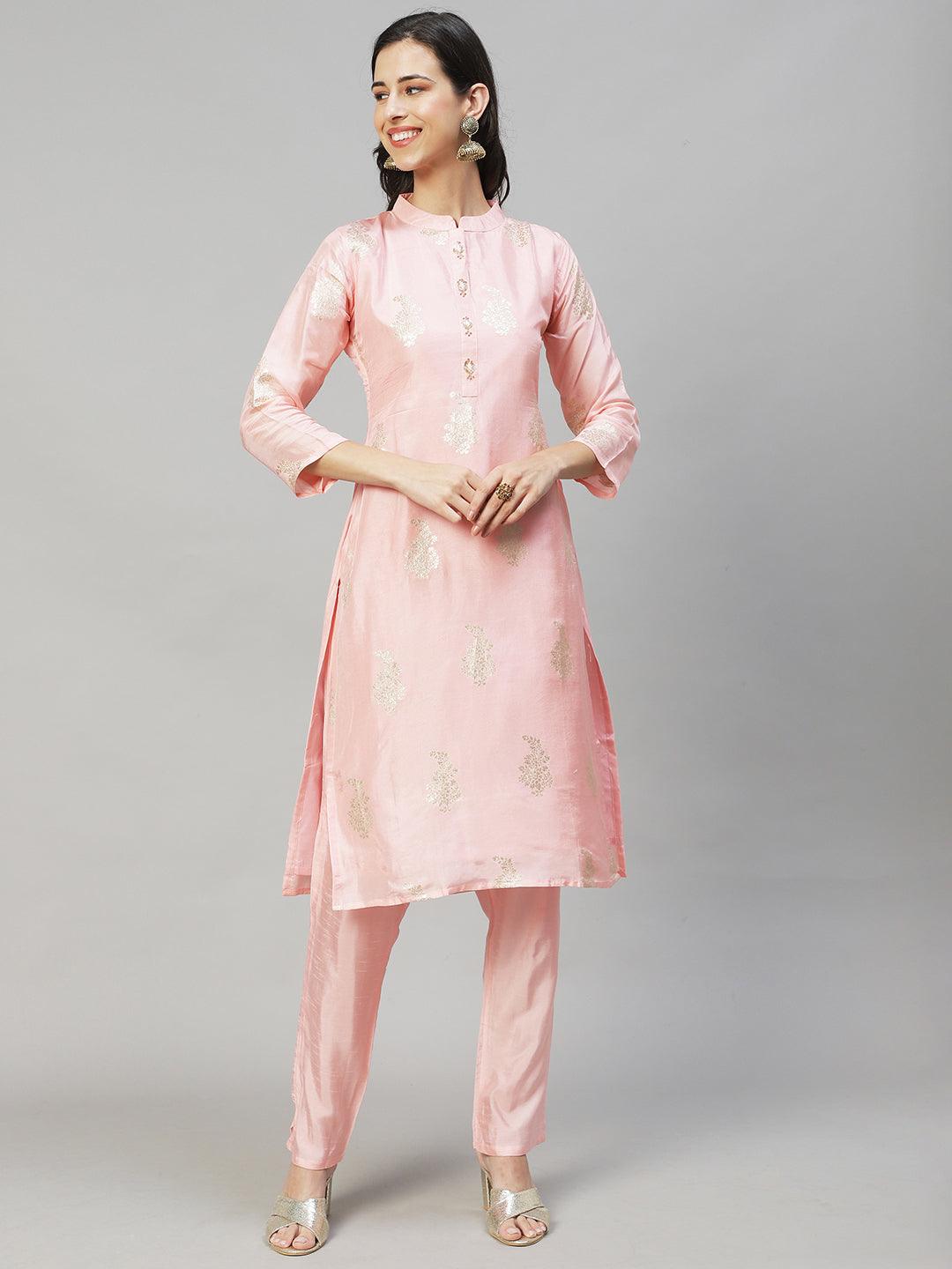 Ethnic Woven & Hand Embroidered Straight Kurta with Pants & Dupatta - Light Pink - Indiakreations