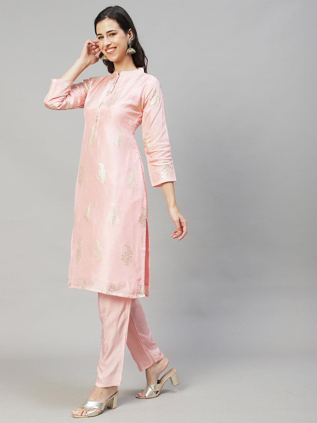 Ethnic Woven & Hand Embroidered Straight Kurta with Pants & Dupatta - Light Pink - Indiakreations