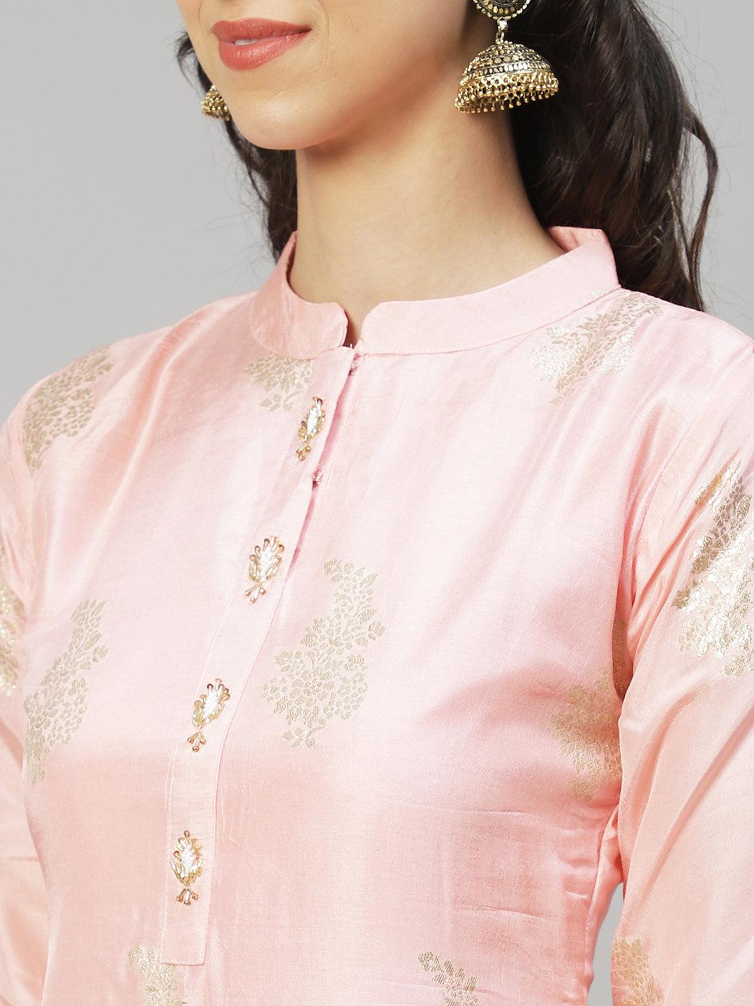 Ethnic Woven & Hand Embroidered Straight Kurta with Pants & Dupatta - Light Pink - Indiakreations