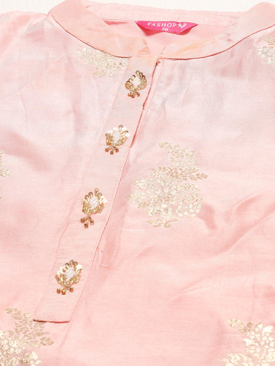 Ethnic Woven & Hand Embroidered Straight Kurta with Pants & Dupatta - Light Pink - Indiakreations