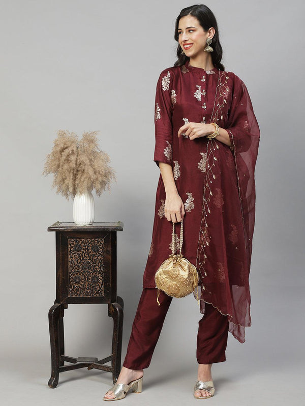 Ethnic Woven & Hand Embroidered Straight Kurta with Pants & Dupatta - Deep Wine - Indiakreations