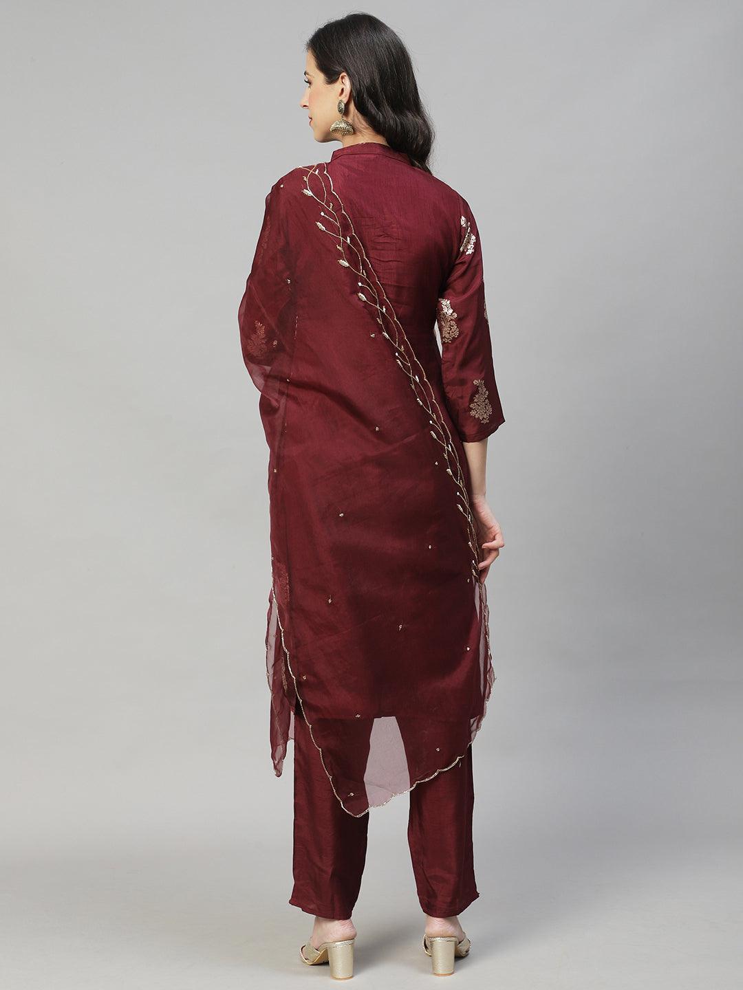 Ethnic Woven & Hand Embroidered Straight Kurta with Pants & Dupatta - Deep Wine - Indiakreations