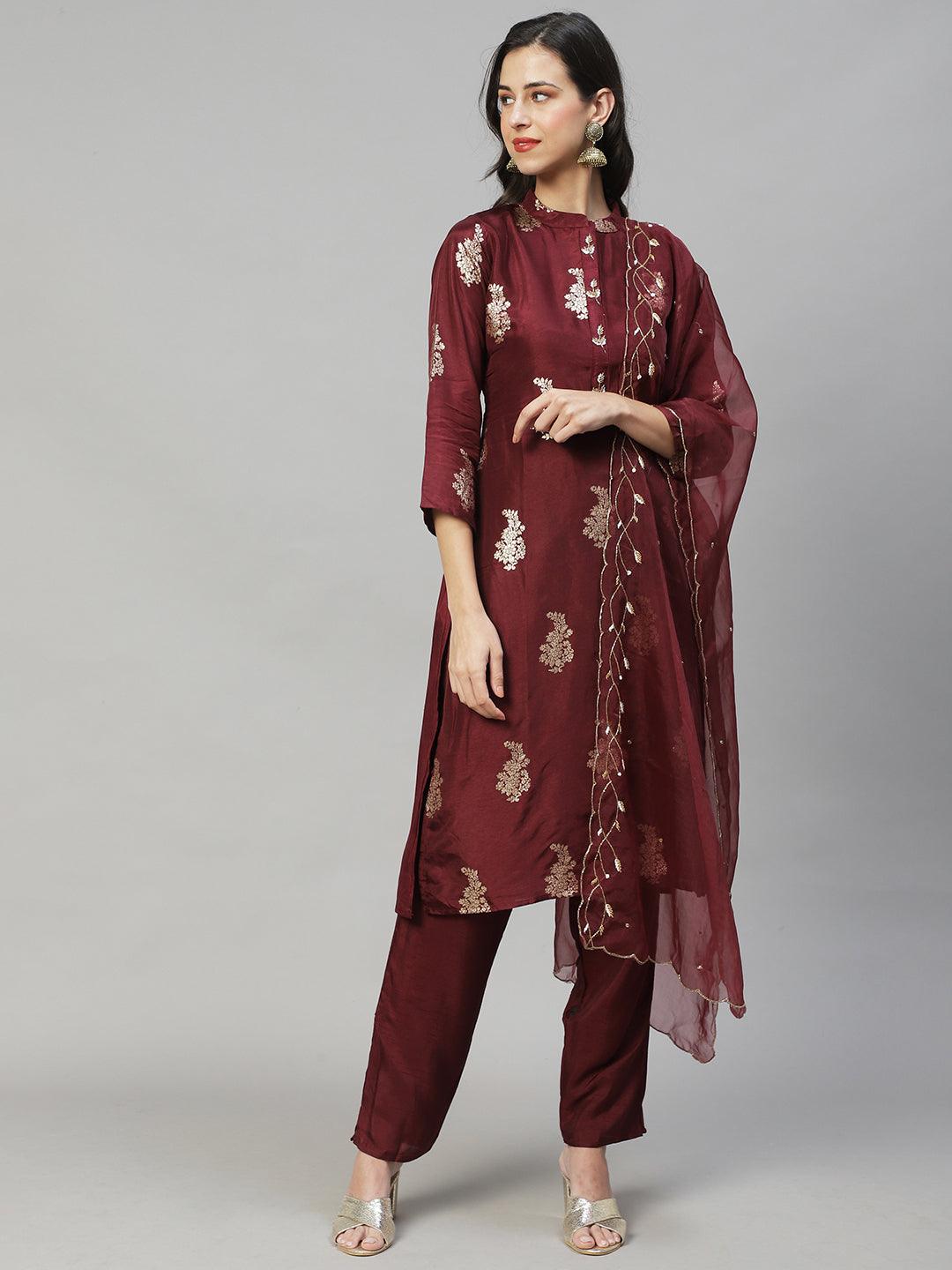 Ethnic Woven & Hand Embroidered Straight Kurta with Pants & Dupatta - Deep Wine - Indiakreations