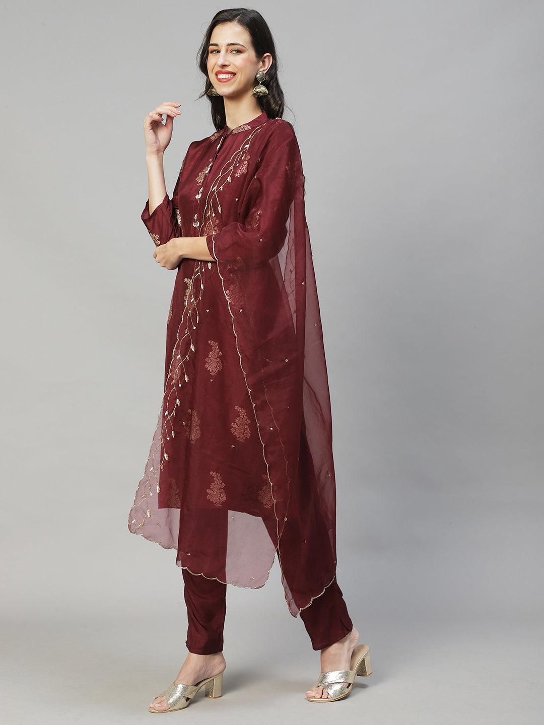 Ethnic Woven & Hand Embroidered Straight Kurta with Pants & Dupatta - Deep Wine - Indiakreations