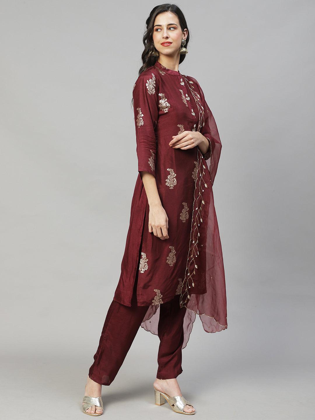 Ethnic Woven & Hand Embroidered Straight Kurta with Pants & Dupatta - Deep Wine - Indiakreations