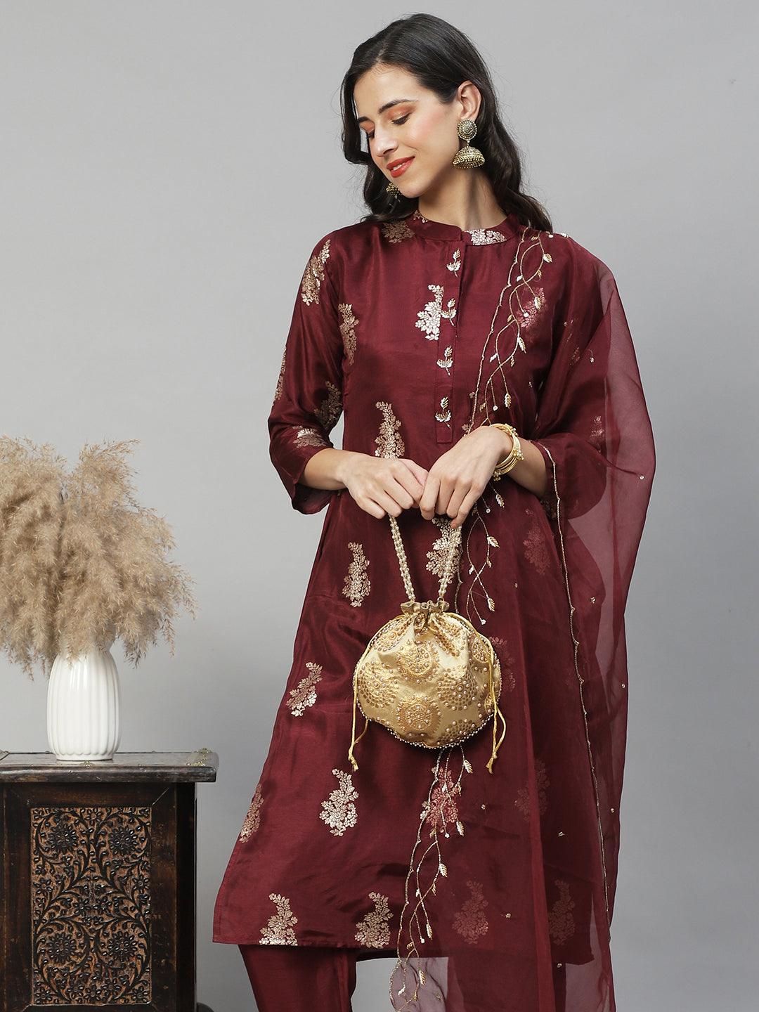 Ethnic Woven & Hand Embroidered Straight Kurta with Pants & Dupatta - Deep Wine - Indiakreations