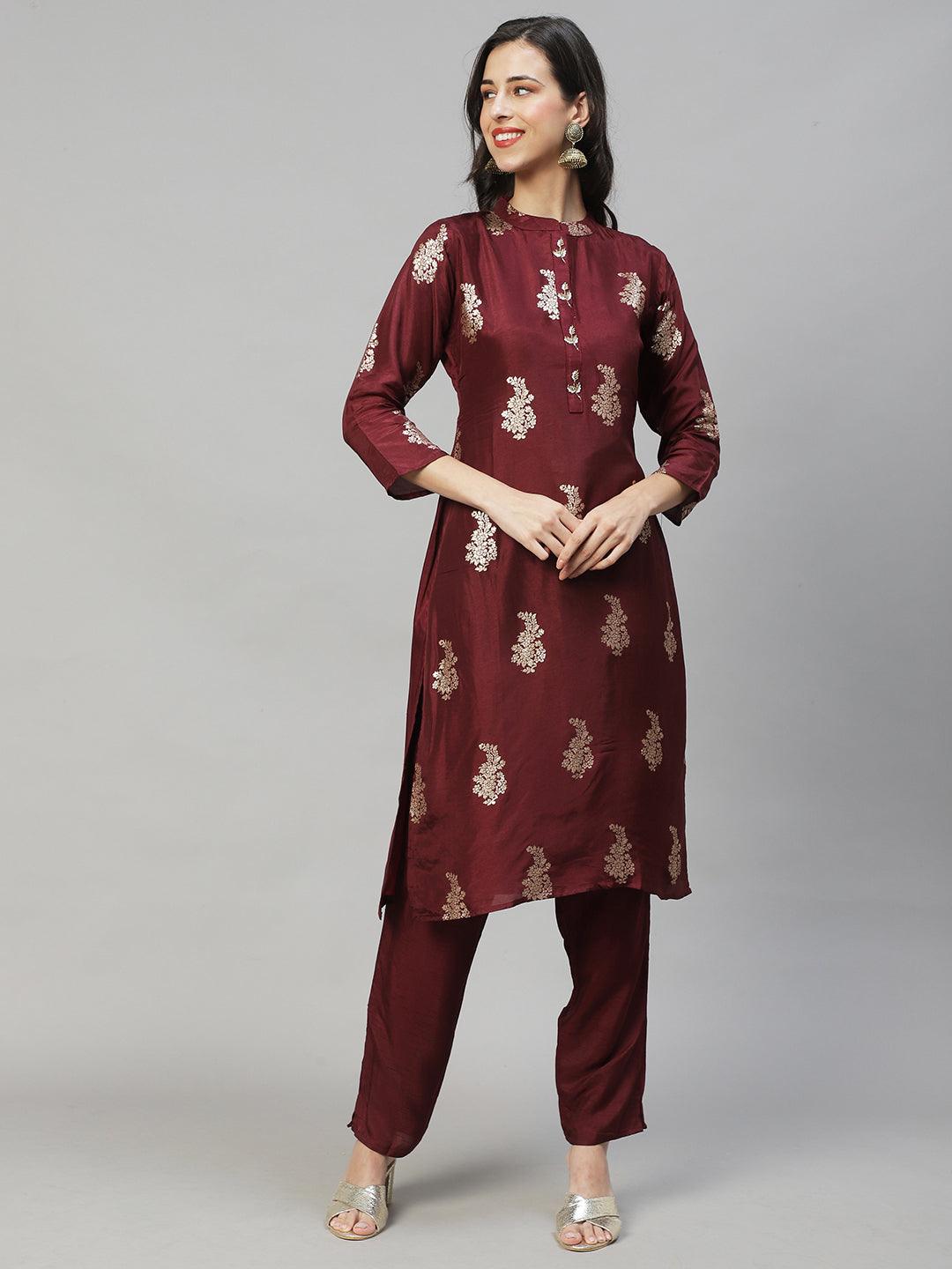 Ethnic Woven & Hand Embroidered Straight Kurta with Pants & Dupatta - Deep Wine - Indiakreations