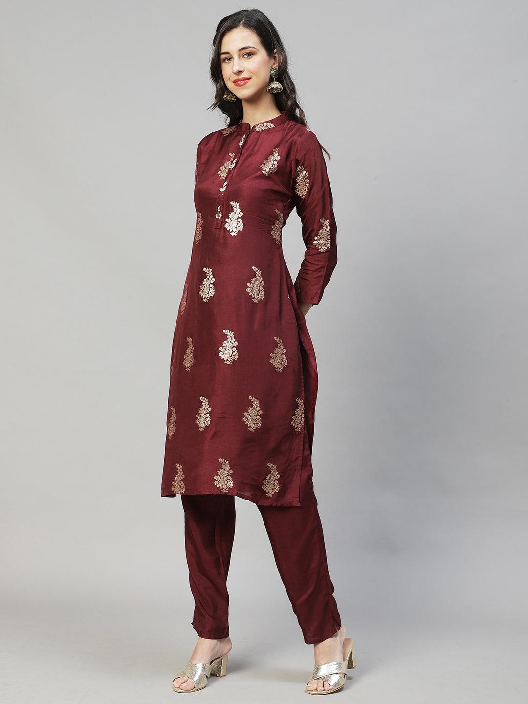 Ethnic Woven & Hand Embroidered Straight Kurta with Pants & Dupatta - Deep Wine - Indiakreations