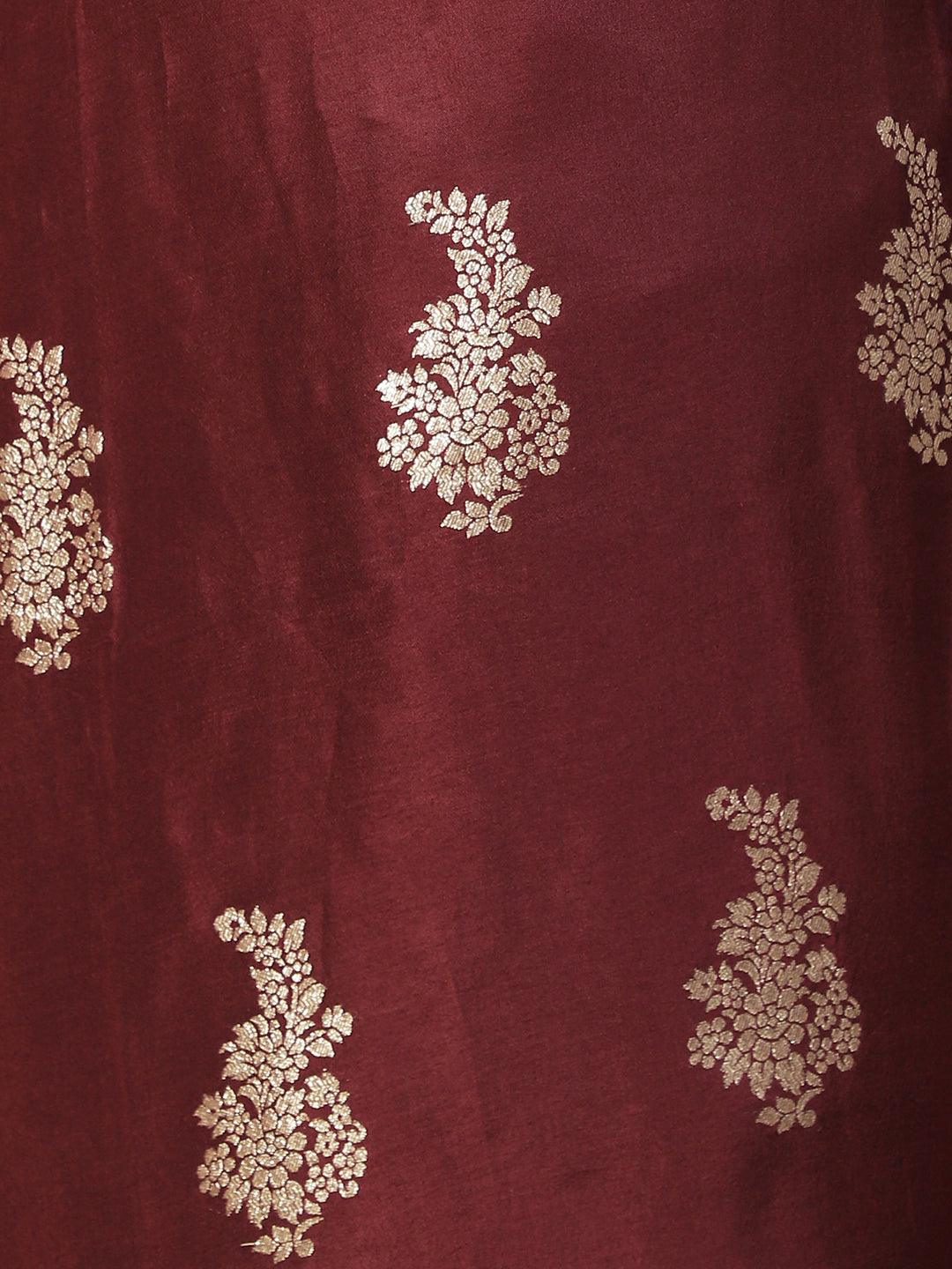 Ethnic Woven & Hand Embroidered Straight Kurta with Pants & Dupatta - Deep Wine - Indiakreations