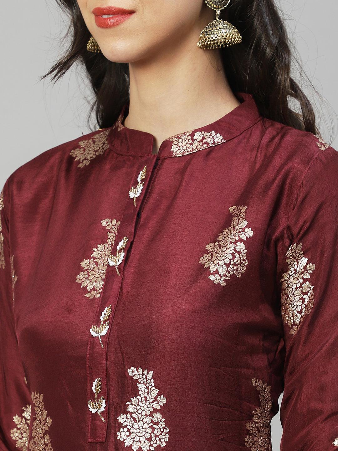 Ethnic Woven & Hand Embroidered Straight Kurta with Pants & Dupatta - Deep Wine - Indiakreations