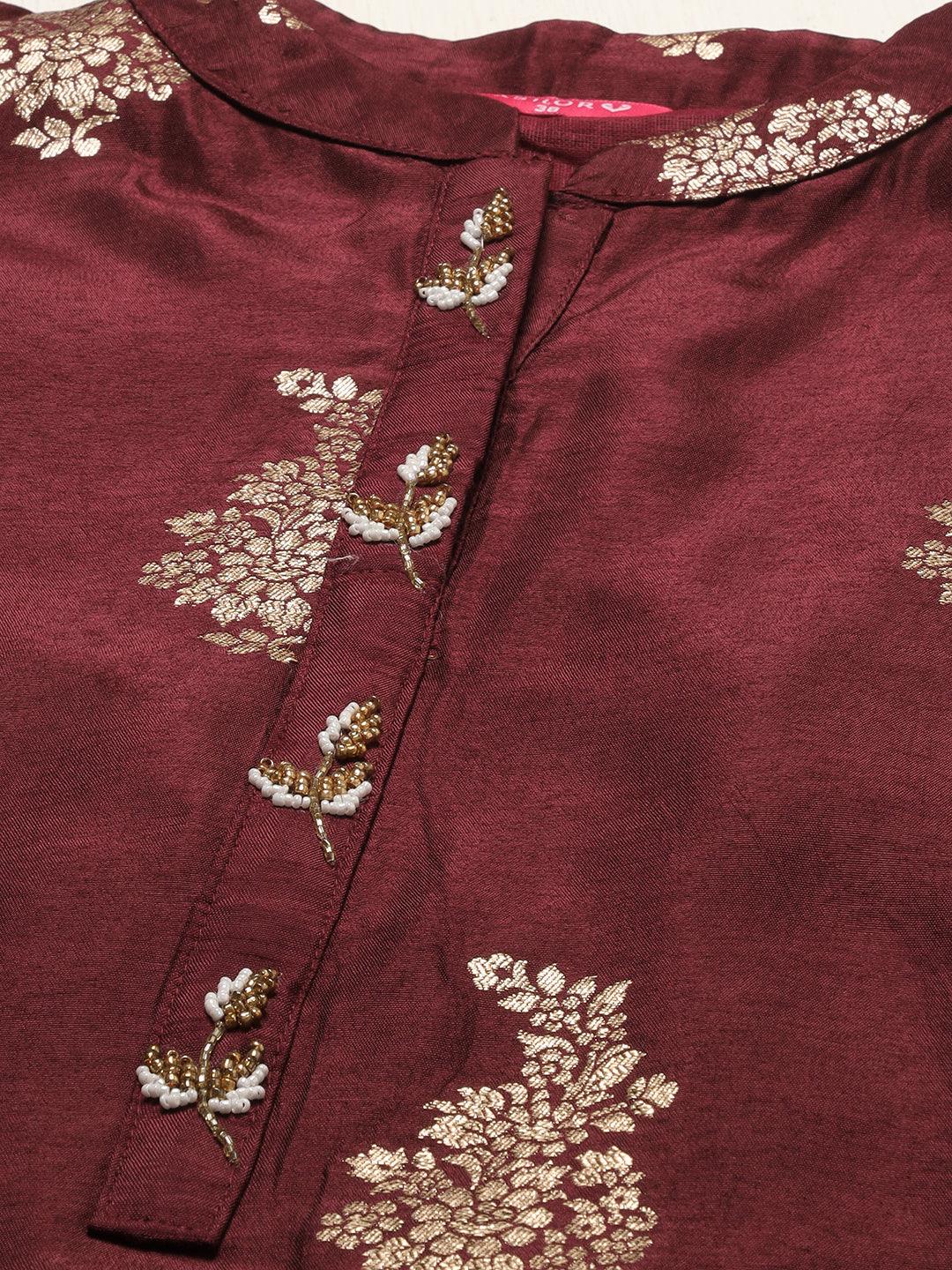 Ethnic Woven & Hand Embroidered Straight Kurta with Pants & Dupatta - Deep Wine - Indiakreations