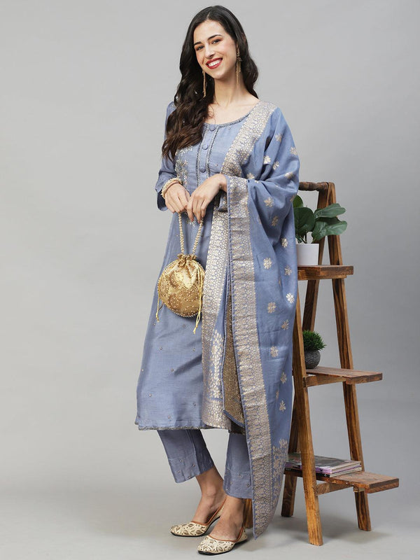 Floral Hand Embroidered Straight Fit Kurta with Pants & Dupatta - Powder Blue - Indiakreations