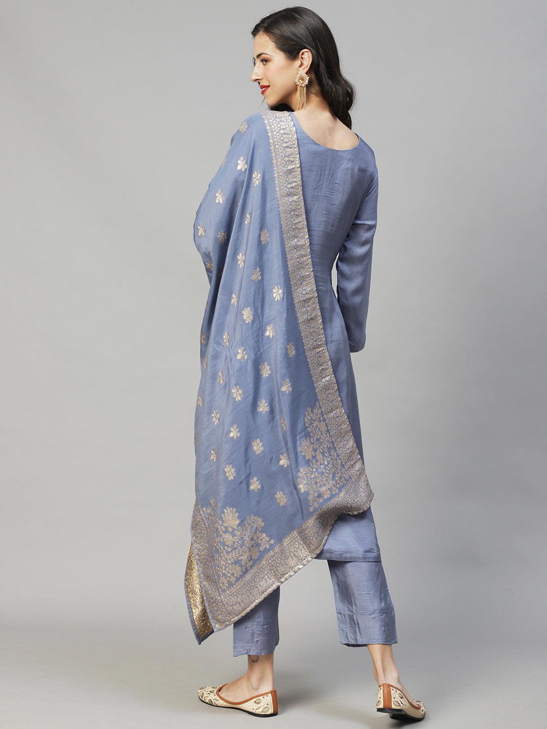 Floral Hand Embroidered Straight Fit Kurta with Pants & Dupatta - Powder Blue - Indiakreations