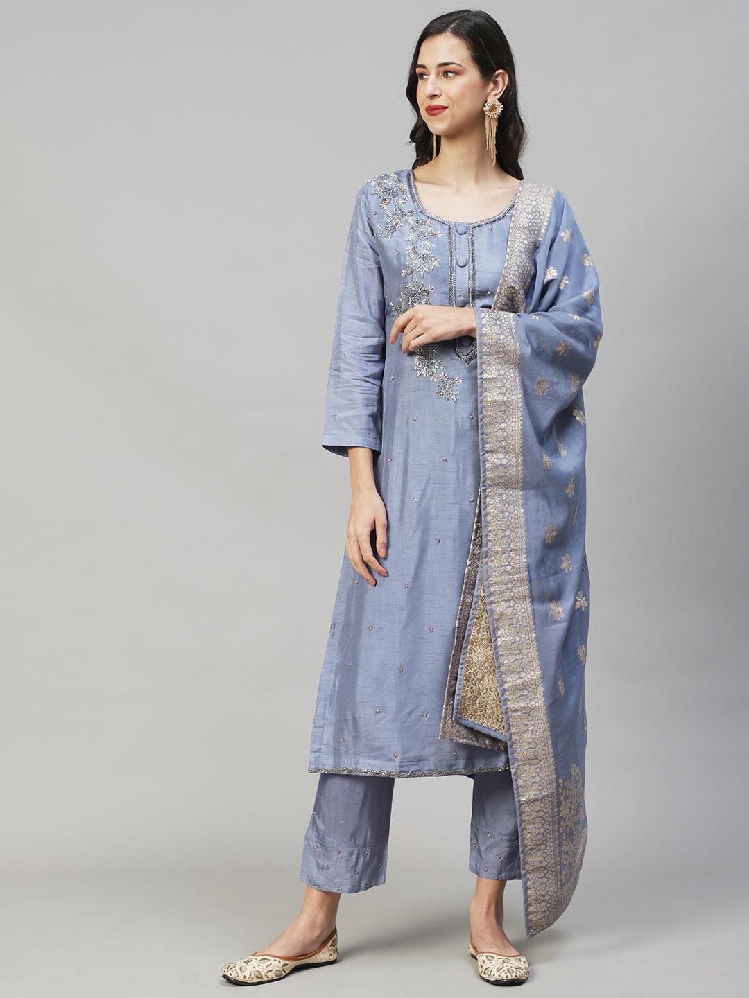 Floral Hand Embroidered Straight Fit Kurta with Pants & Dupatta - Powder Blue - Indiakreations