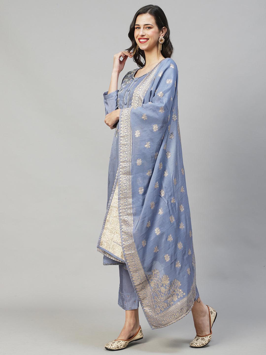 Floral Hand Embroidered Straight Fit Kurta with Pants & Dupatta - Powder Blue - Indiakreations