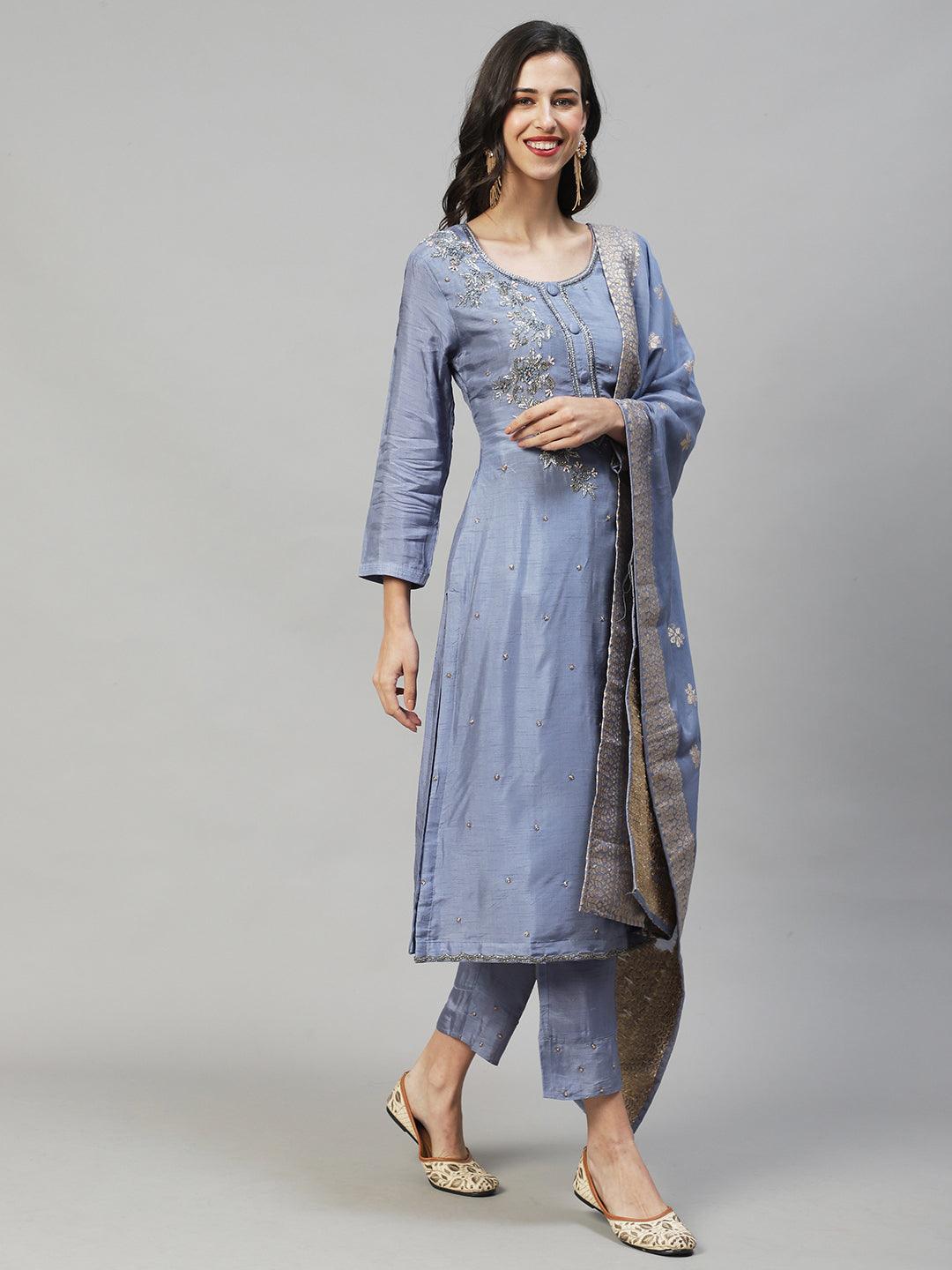 Floral Hand Embroidered Straight Fit Kurta with Pants & Dupatta - Powder Blue - Indiakreations