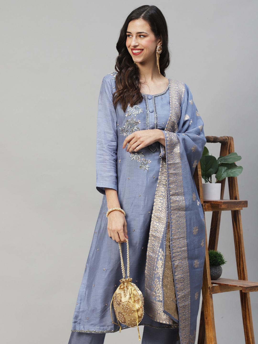 Floral Hand Embroidered Straight Fit Kurta with Pants & Dupatta - Powder Blue - Indiakreations