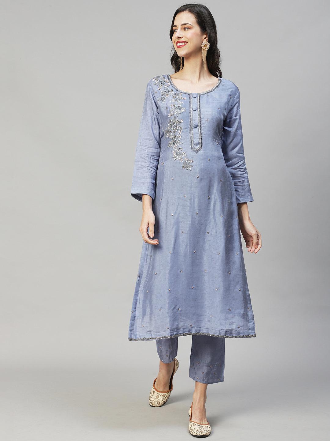 Floral Hand Embroidered Straight Fit Kurta with Pants & Dupatta - Powder Blue - Indiakreations