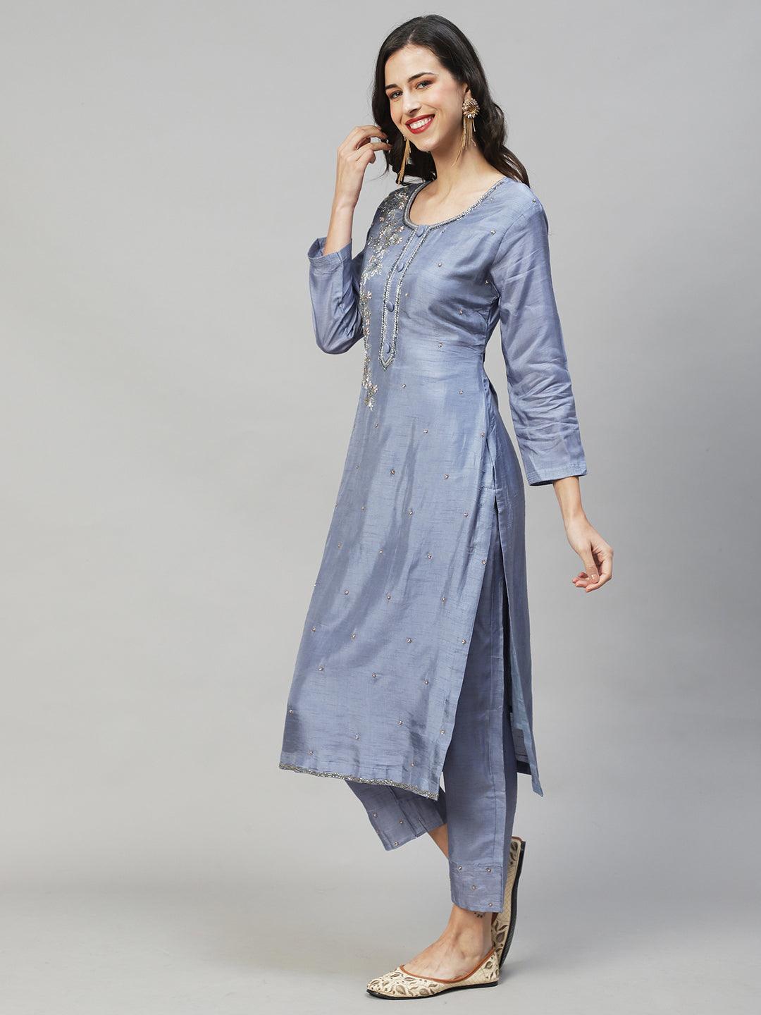 Floral Hand Embroidered Straight Fit Kurta with Pants & Dupatta - Powder Blue - Indiakreations