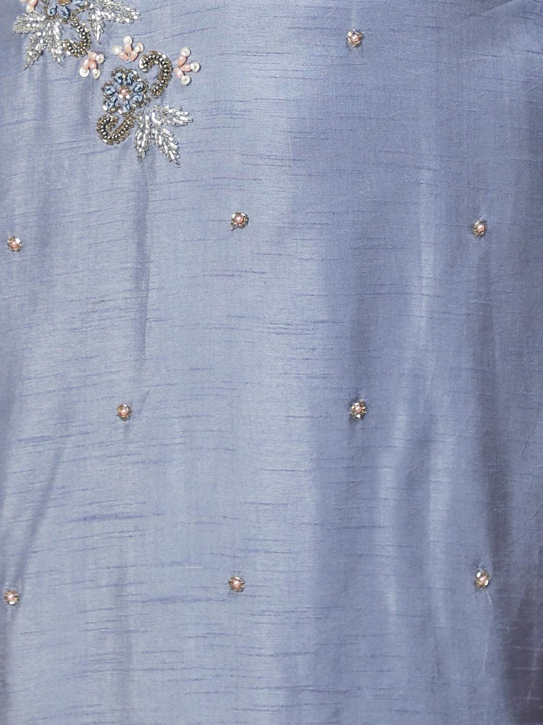 Floral Hand Embroidered Straight Fit Kurta with Pants & Dupatta - Powder Blue - Indiakreations