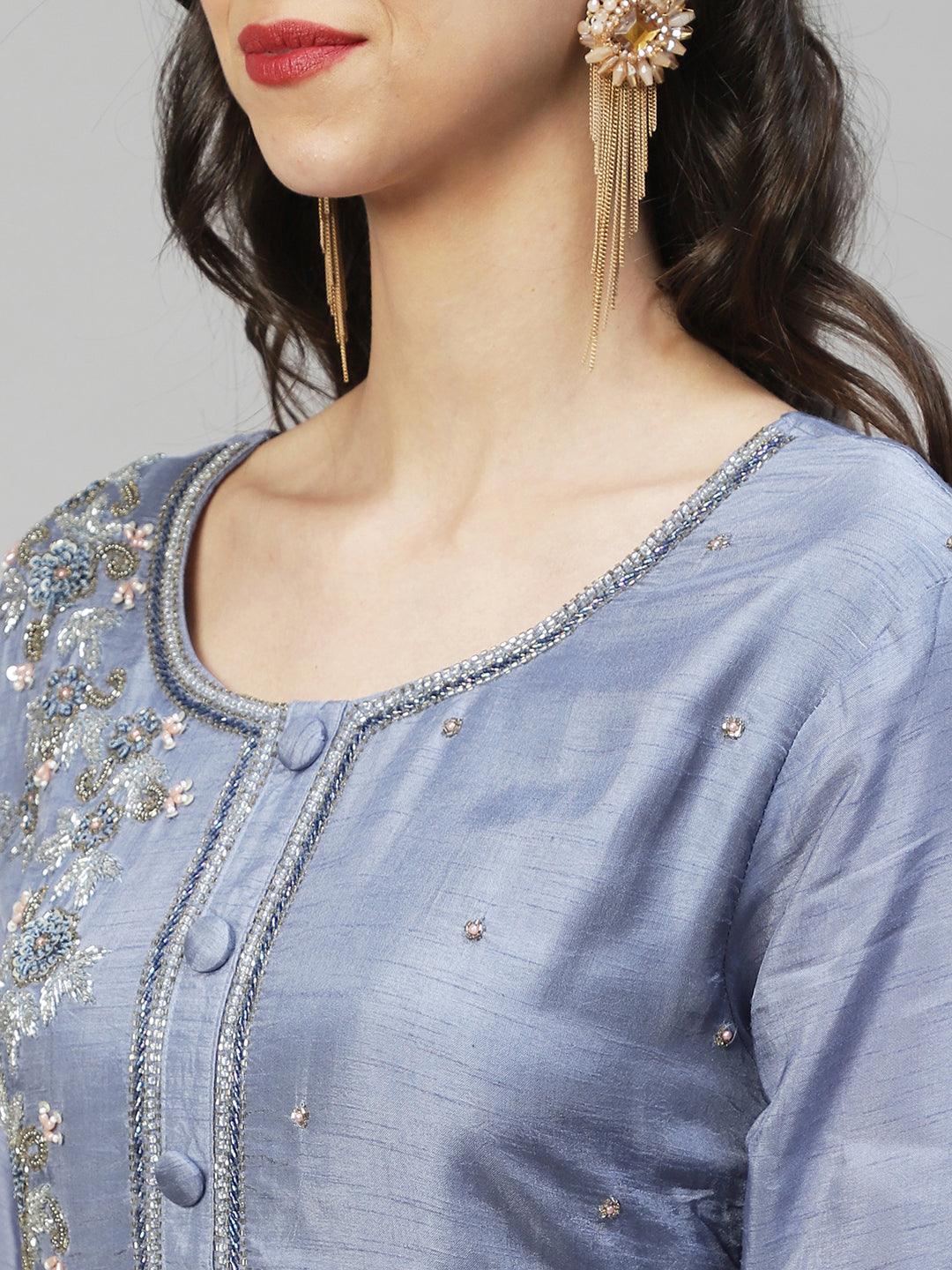 Floral Hand Embroidered Straight Fit Kurta with Pants & Dupatta - Powder Blue - Indiakreations