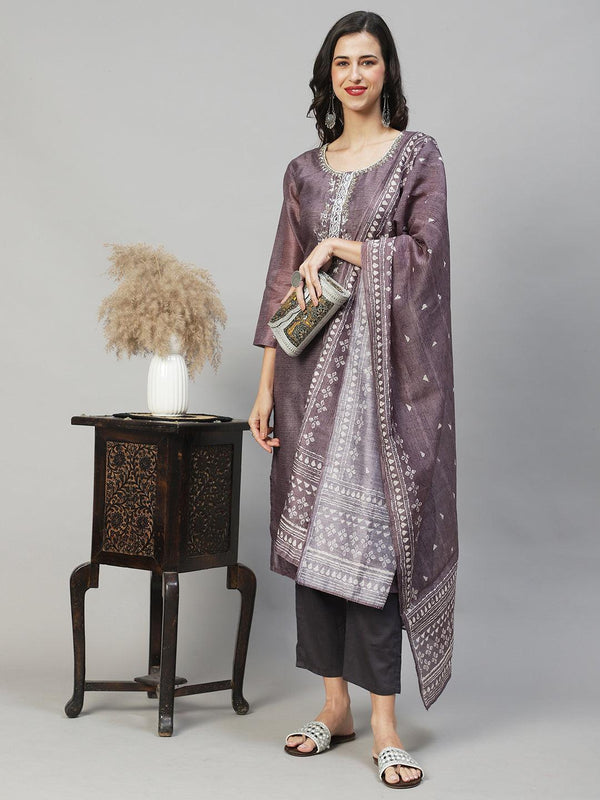 Ethnic Printed & Hand Embroidered Kurta with Pants & Dupatta - Gray - Indiakreations