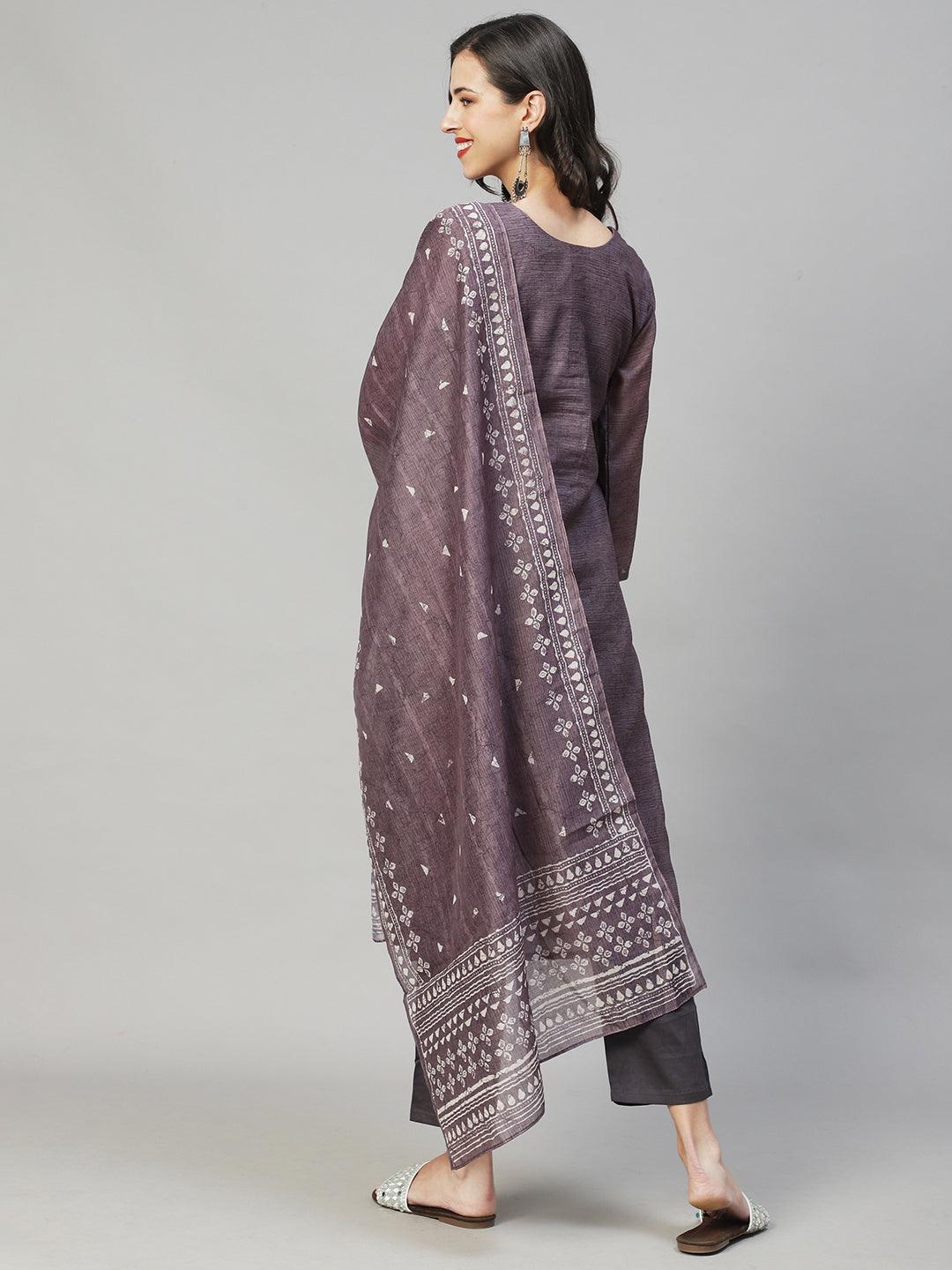 Ethnic Printed & Hand Embroidered Kurta with Pants & Dupatta - Gray - Indiakreations