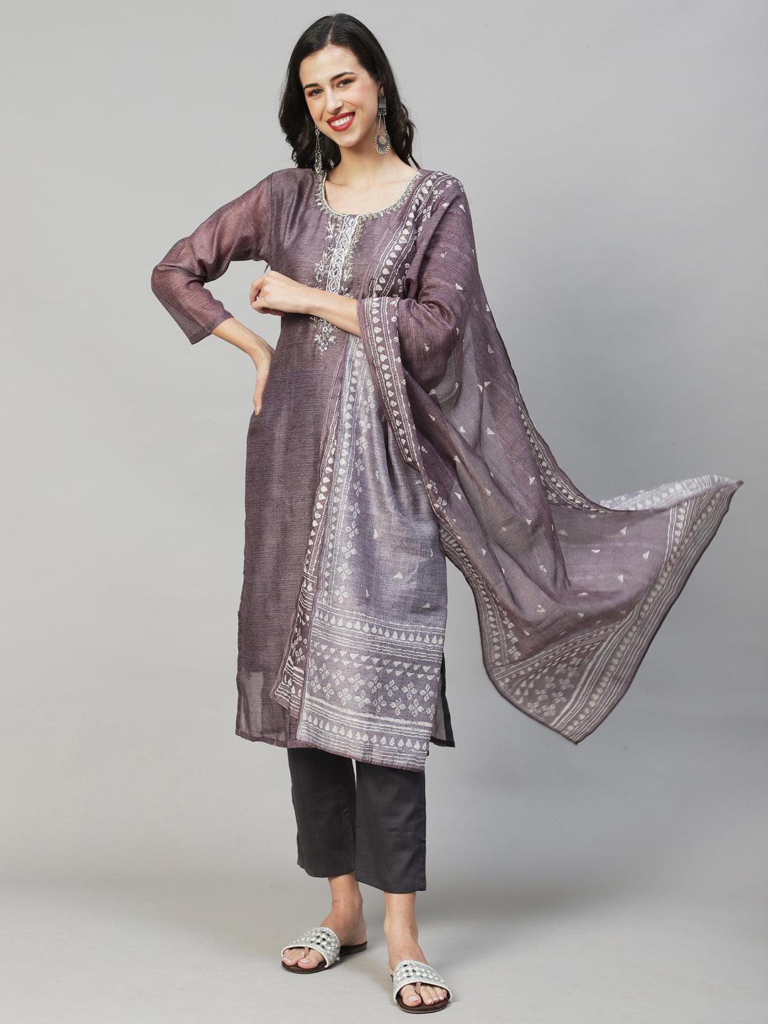 Ethnic Printed & Hand Embroidered Kurta with Pants & Dupatta - Gray - Indiakreations