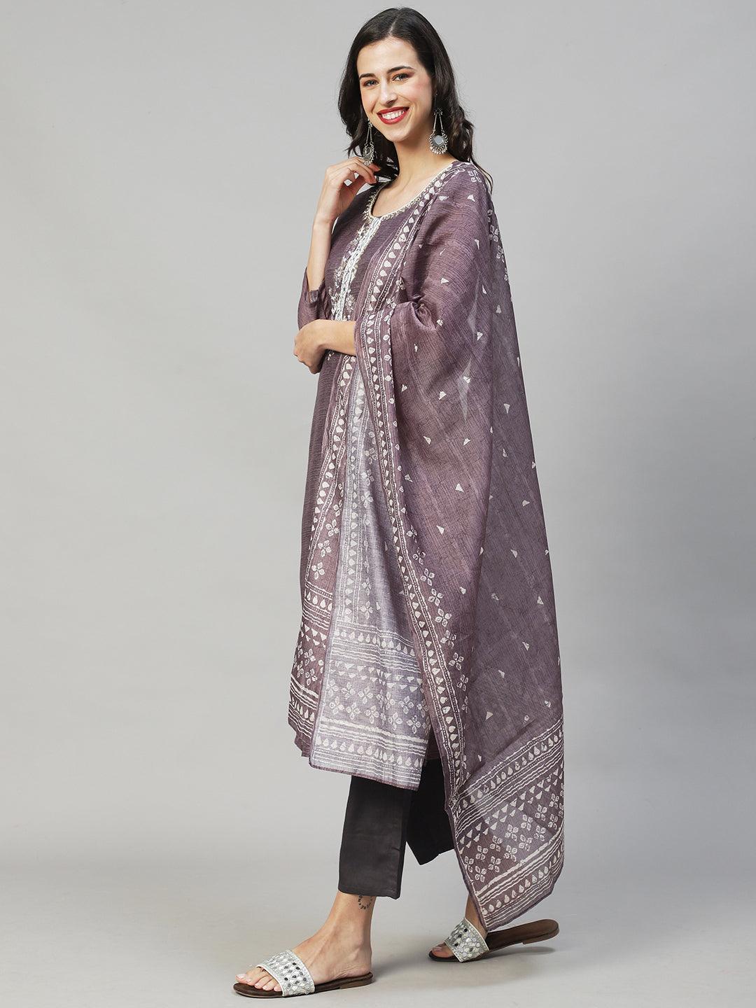 Ethnic Printed & Hand Embroidered Kurta with Pants & Dupatta - Gray - Indiakreations