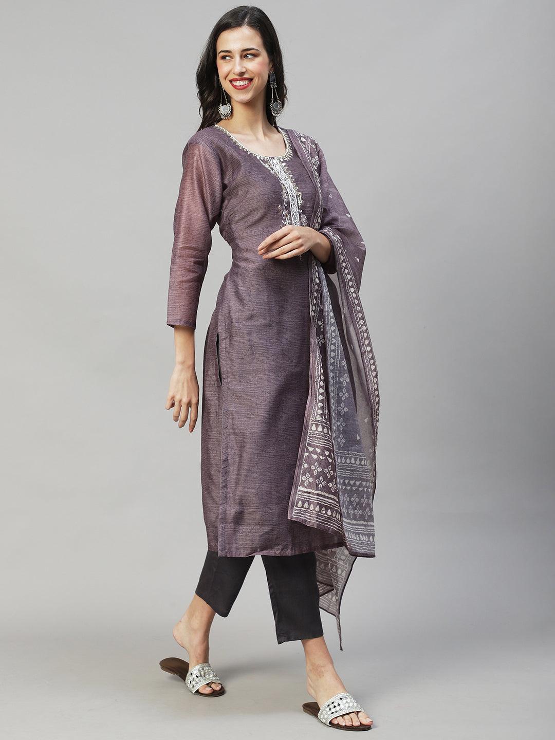 Ethnic Printed & Hand Embroidered Kurta with Pants & Dupatta - Gray - Indiakreations