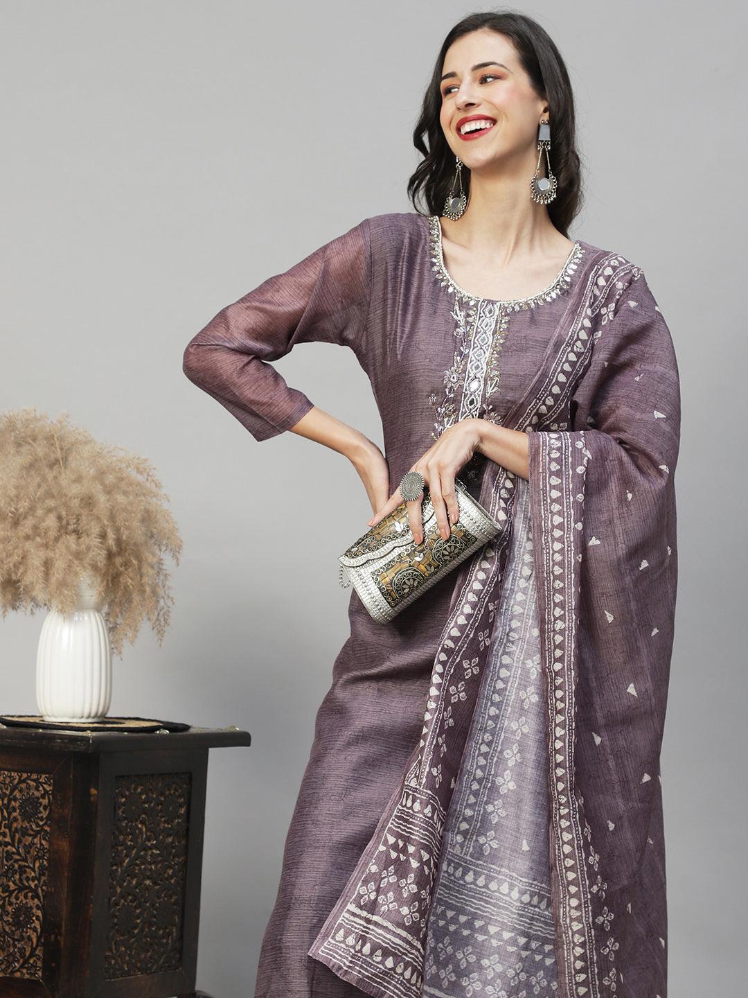 Ethnic Printed & Hand Embroidered Kurta with Pants & Dupatta - Gray - Indiakreations