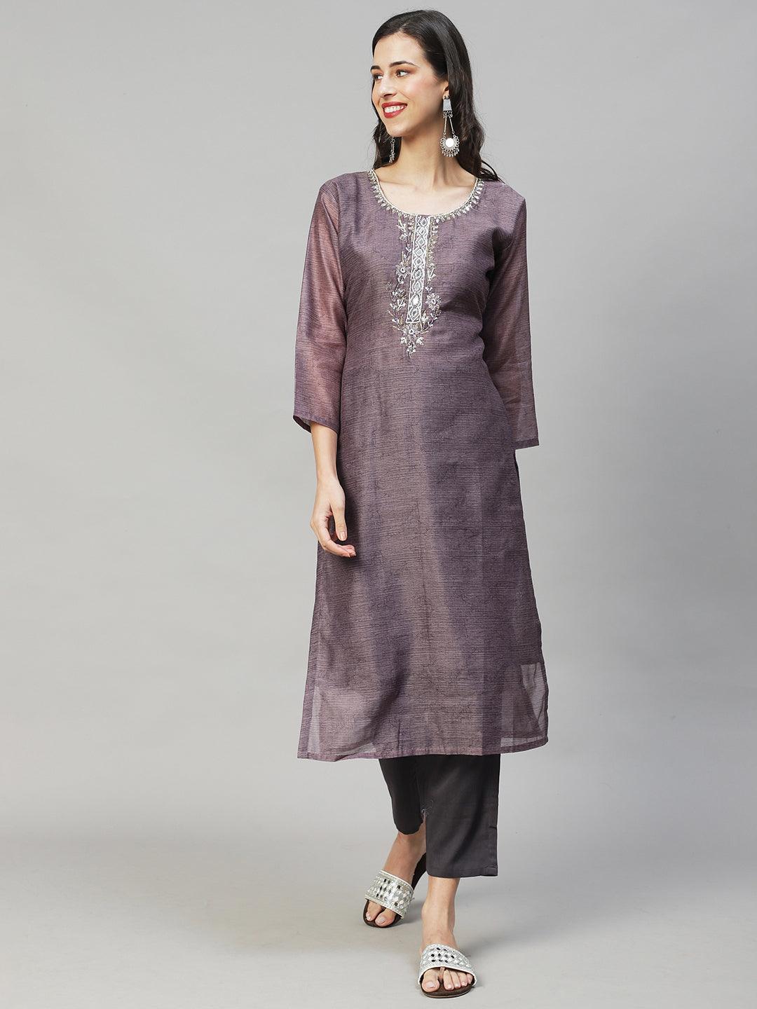 Ethnic Printed & Hand Embroidered Kurta with Pants & Dupatta - Gray - Indiakreations