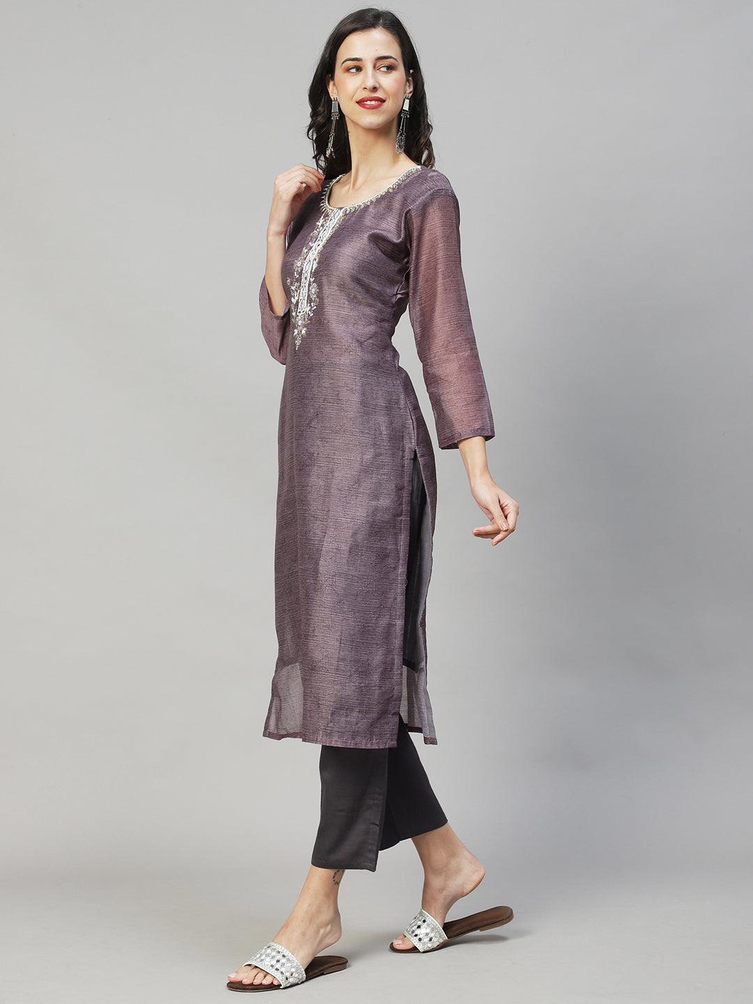 Ethnic Printed & Hand Embroidered Kurta with Pants & Dupatta - Gray - Indiakreations