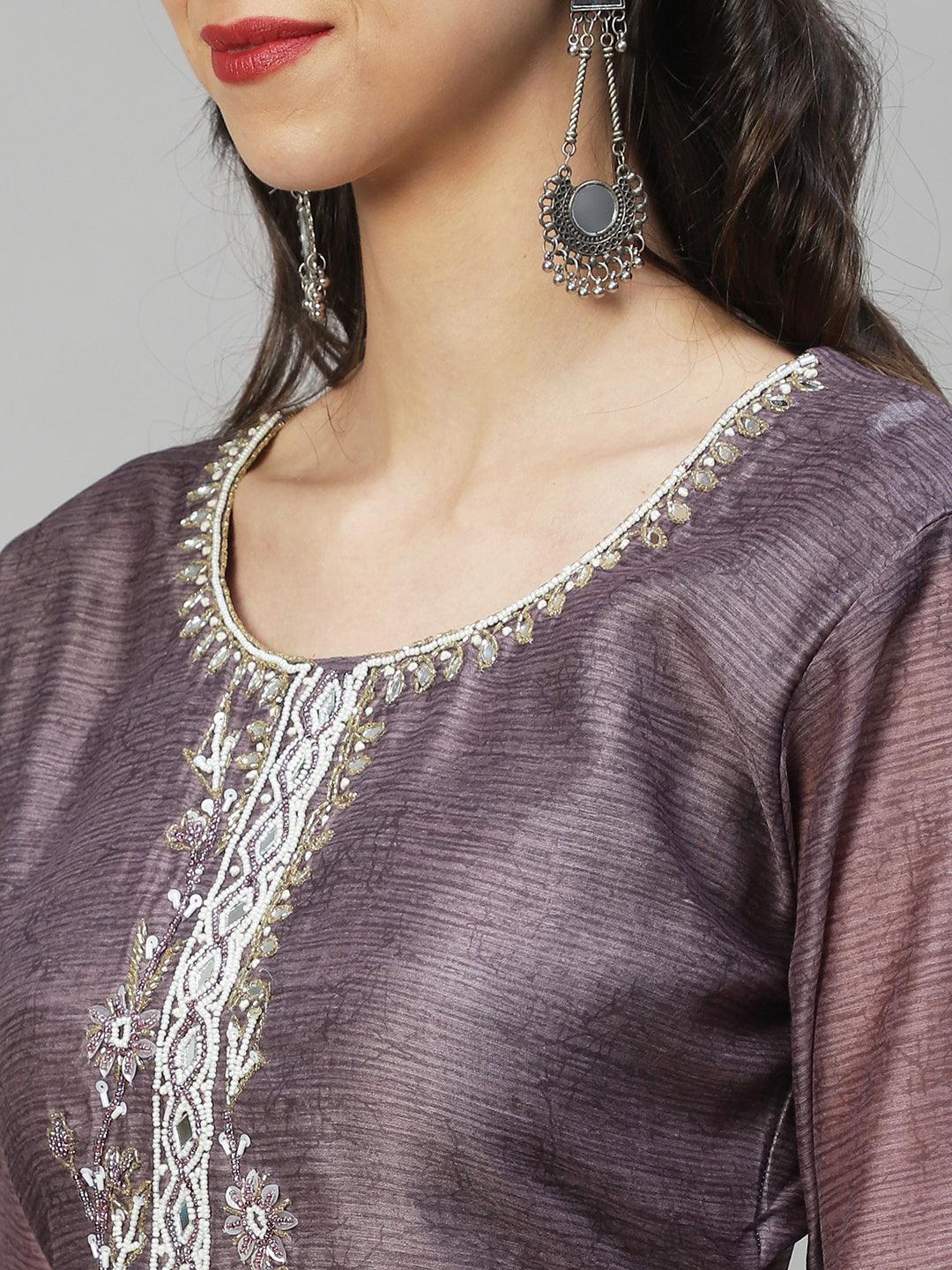 Ethnic Printed & Hand Embroidered Kurta with Pants & Dupatta - Gray - Indiakreations