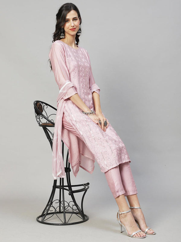 Floral Embroidered Straight Fit Kurta with Pants & Dupatta - Onion Pink - Indiakreations