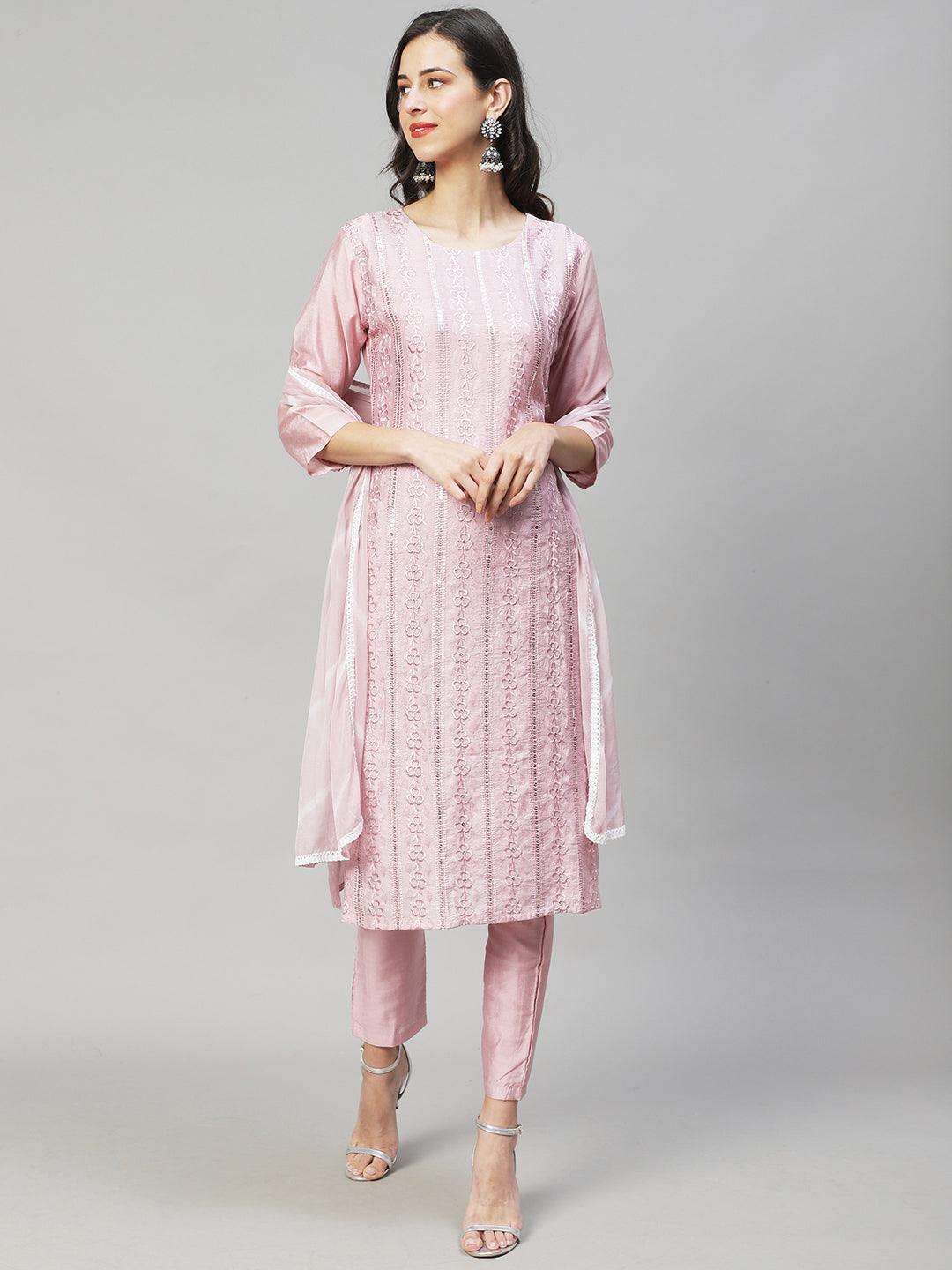 Floral Embroidered Straight Fit Kurta with Pants & Dupatta - Onion Pink - Indiakreations