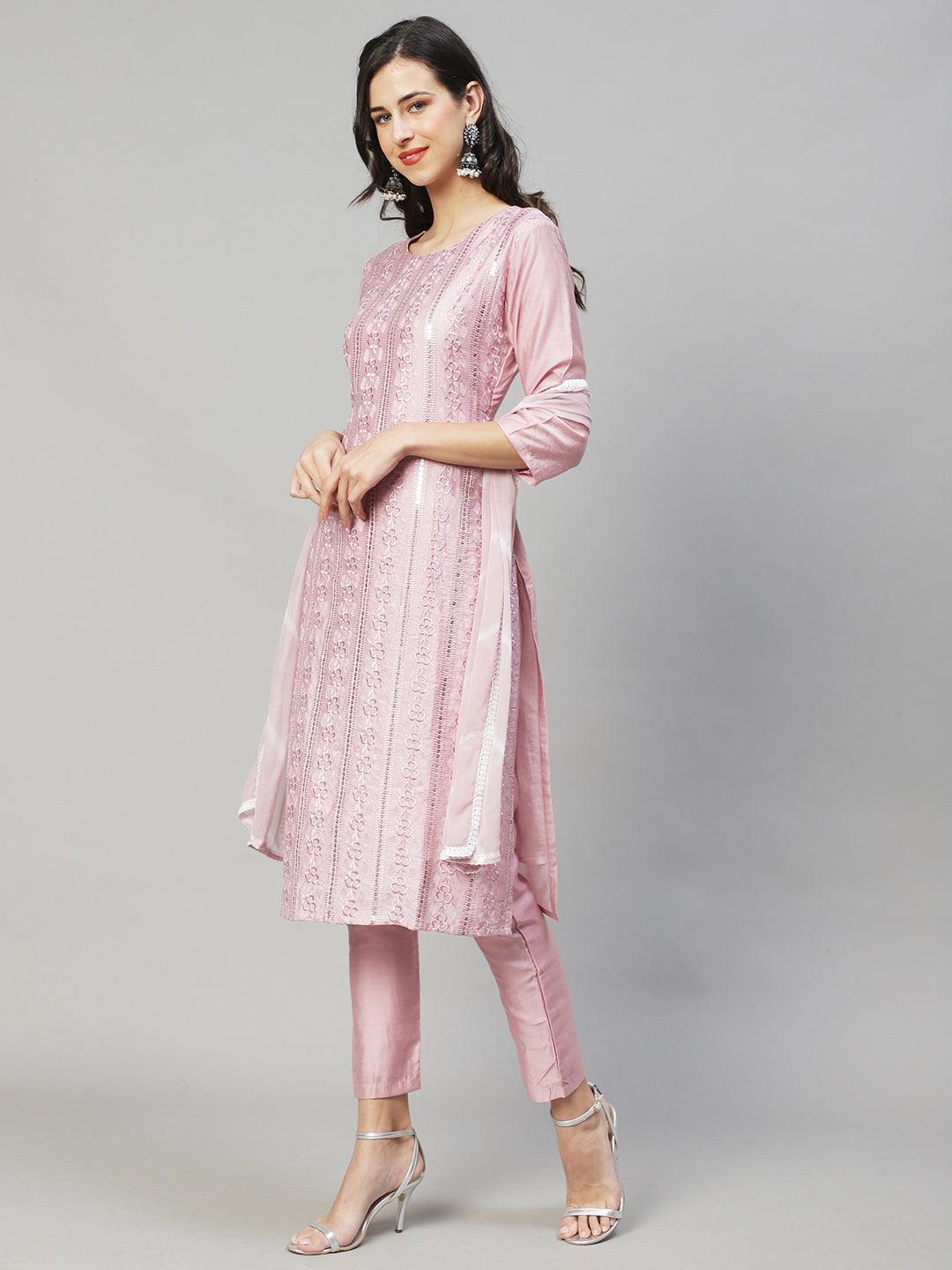 Floral Embroidered Straight Fit Kurta with Pants & Dupatta - Onion Pink - Indiakreations