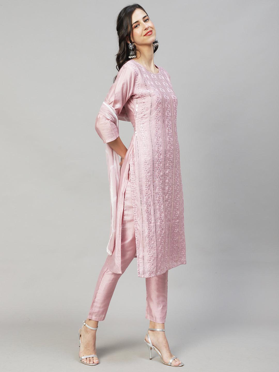 Floral Embroidered Straight Fit Kurta with Pants & Dupatta - Onion Pink - Indiakreations