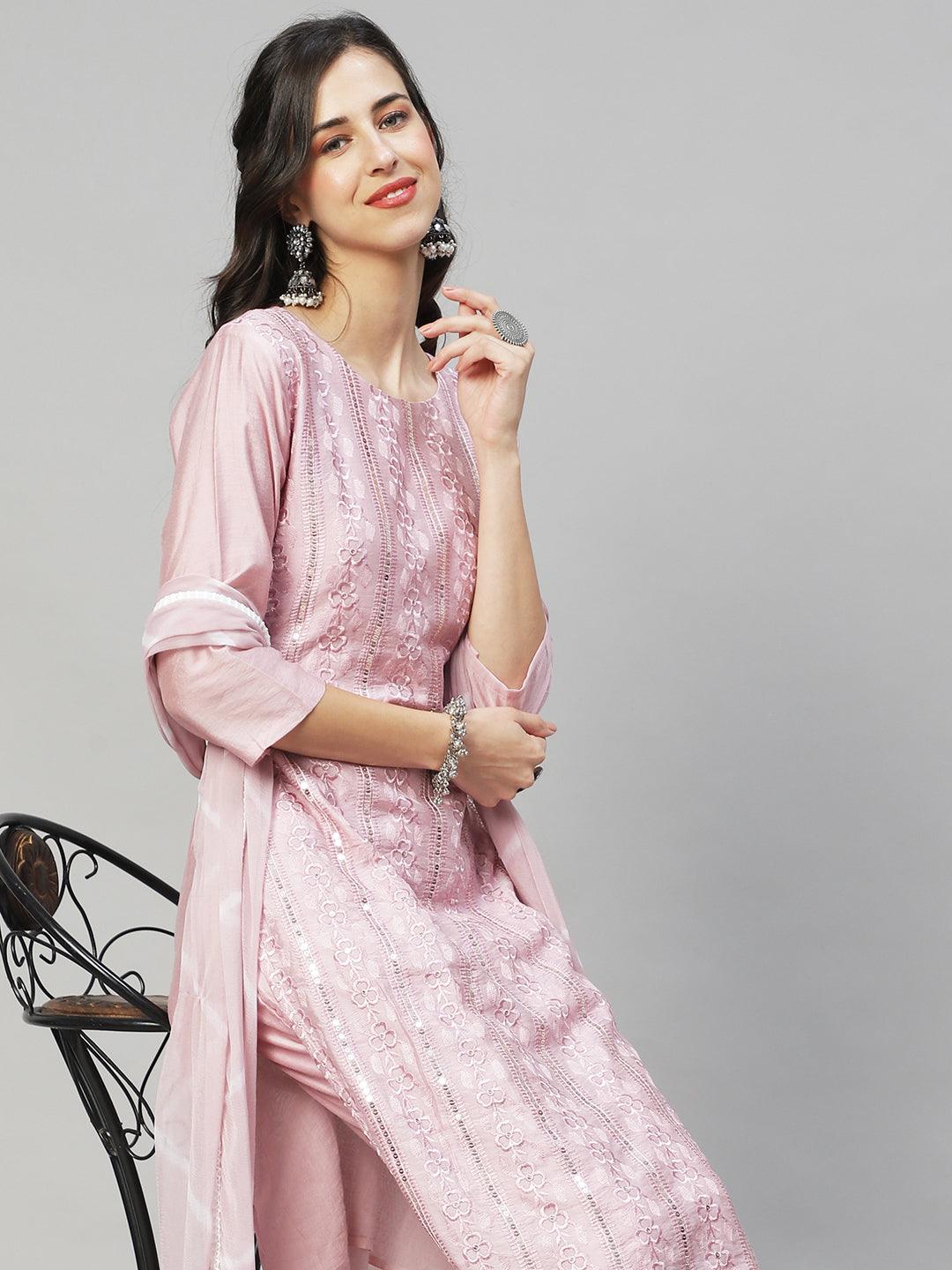 Floral Embroidered Straight Fit Kurta with Pants & Dupatta - Onion Pink - Indiakreations