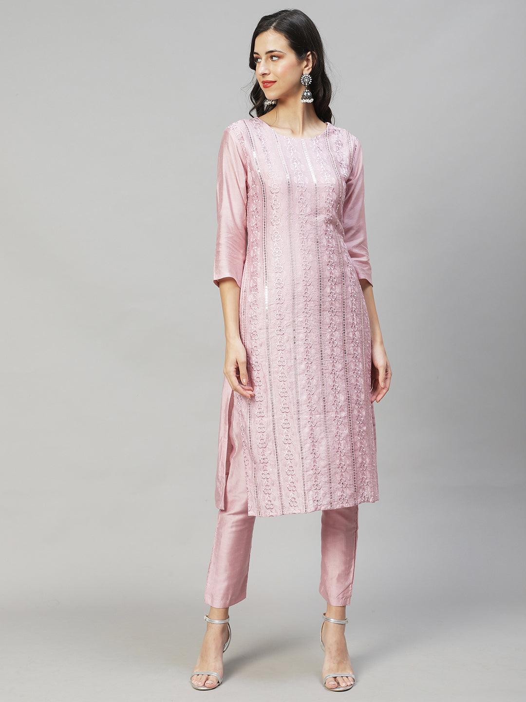 Floral Embroidered Straight Fit Kurta with Pants & Dupatta - Onion Pink - Indiakreations