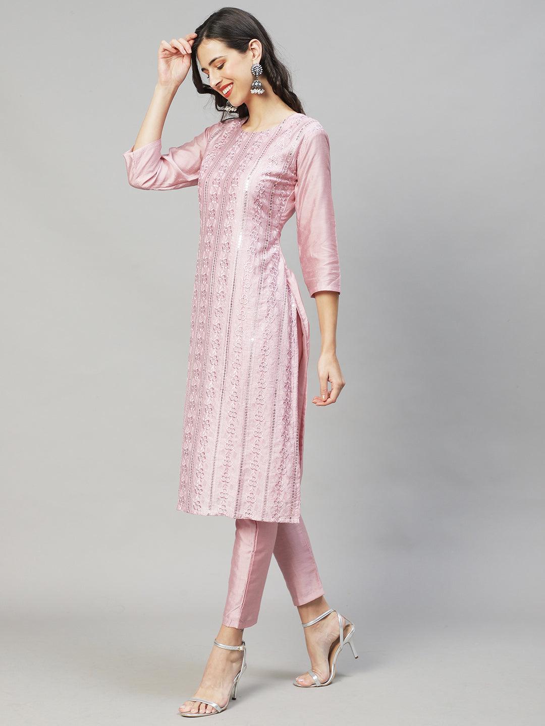 Floral Embroidered Straight Fit Kurta with Pants & Dupatta - Onion Pink - Indiakreations