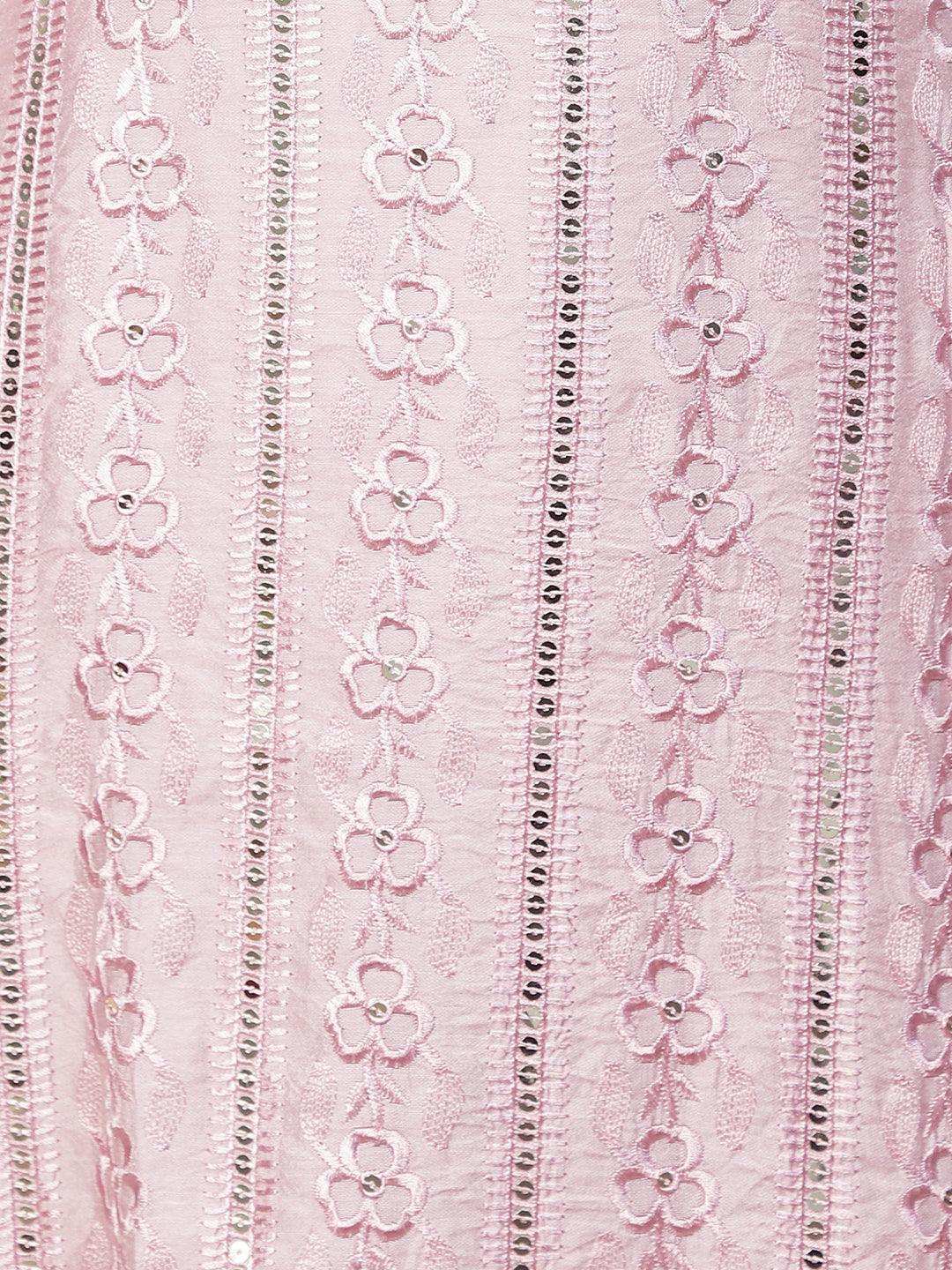 Floral Embroidered Straight Fit Kurta with Pants & Dupatta - Onion Pink - Indiakreations